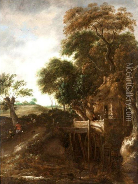 A Wooded River Landscape With A Mill And A Cavalier Giving Alms To A Beggar Oil Painting - Roelof van Vries