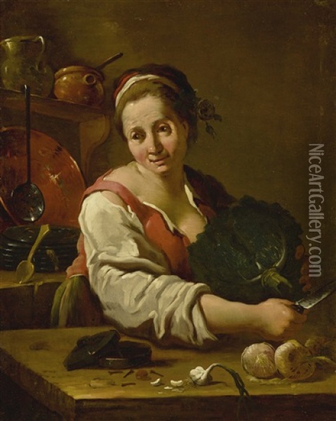 Portrait Of A Cook In A Kitchen Oil Painting - Pietro Domenico Olivero