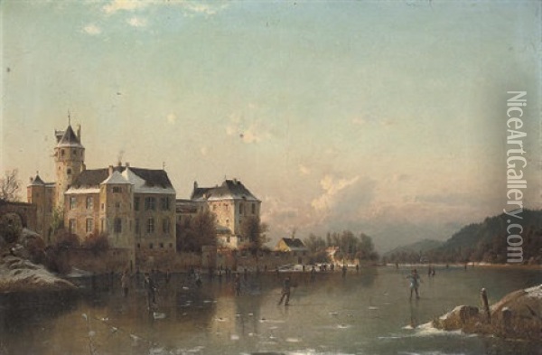 Skaters Before A Schloss Oil Painting - Johannes Bartholomaeus Duntze