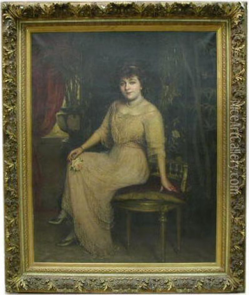 Portrait De Dame Assise, Tenant Unerose Oil Painting - Agapit Stevens