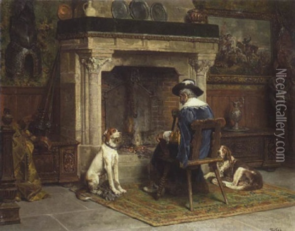 Alte Kameraden: Ein Kriegsveteran Des 17. Jahrhunderts Sitzt Mit Zwei Hunden Vor Dem Kamin Oil Painting - Francois Adolphe Grison