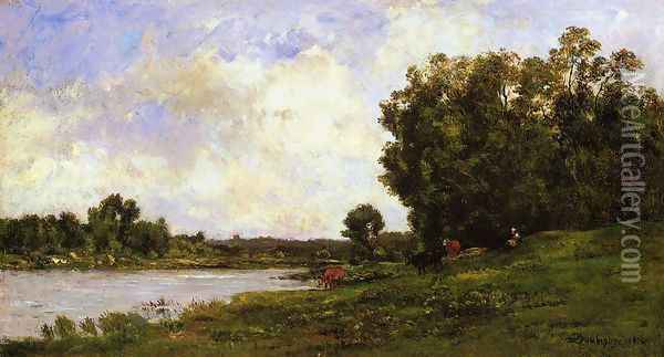 Cattle on the Bank of the River Oil Painting - Charles-Francois Daubigny