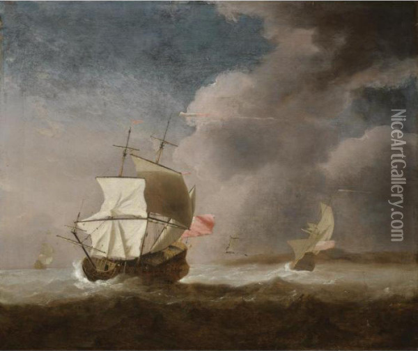 English Men-of-war In A Stiff Breeze Oil Painting - Willem van de, the Elder Velde