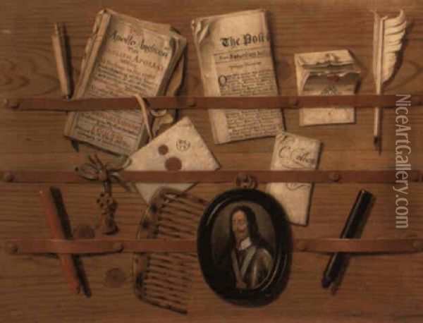 A Trompe-l'oeil Of Letters, Pamphlets, A Quill And Other Objects Oil Painting - Edward Collier