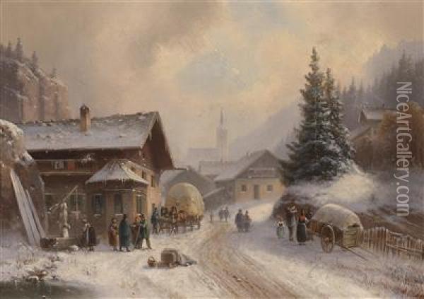 Village Street Im Winter Oil Painting - Anton Doll