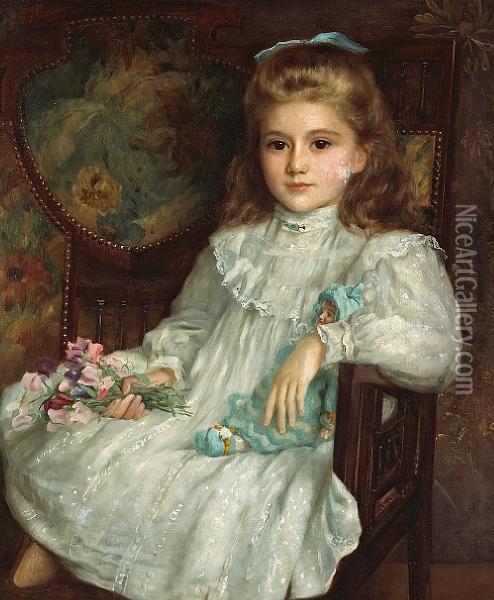 A Portrait Of A Young Girl In A White Dress Holding Her Doll And A Posy Of Sweet Peas Oil Painting - John Shirley Fox
