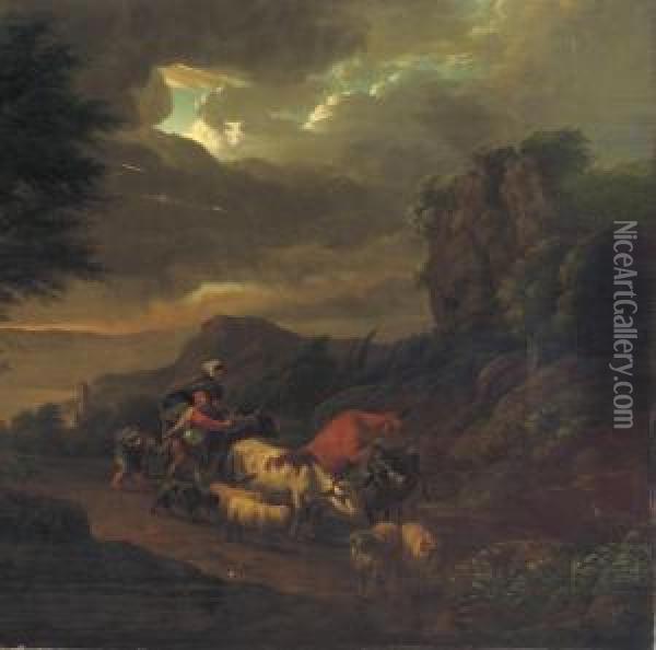 An Italianate Landscape With A Peasant Family In A Thunder Storm Oil Painting - Franciscus Xaverius Xavery