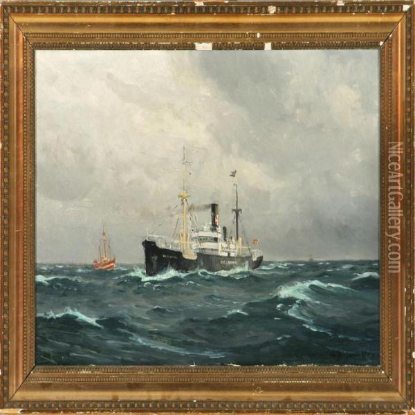 Seascape With Ships Oil Painting - Christian Benjamin Olsen