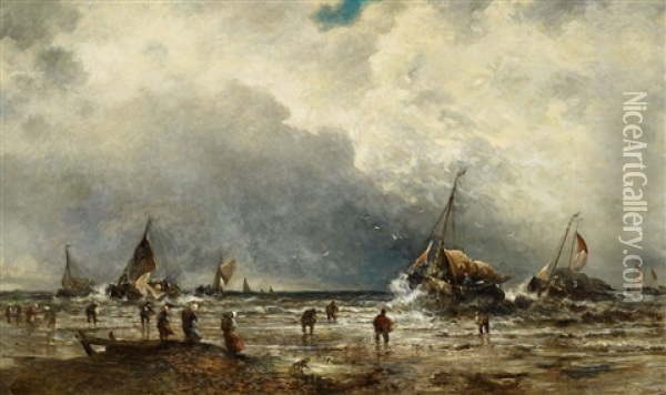 Coastal Landscape With Fishers And Sailing Boats Oil Painting - William Edward Webb