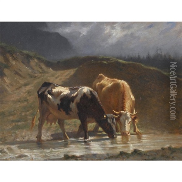 Kuhe An Der Tranke Oil Painting - Charles (Jean-Ch. Ferdinand) Humbert