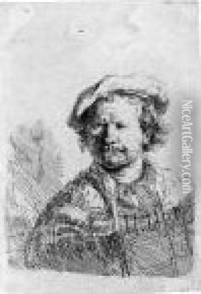 Self Portrait In A Flat Cap And Embroidered Dress Oil Painting - Rembrandt Van Rijn
