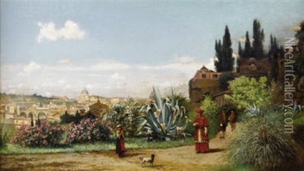 Rome Landscape With Maiden And Cardinal Oil Painting - Friedrich Nerly the Younger