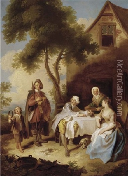 Minstrels Performing For A Couple At A Table Outside An Inn Oil Painting - Philip Mercier