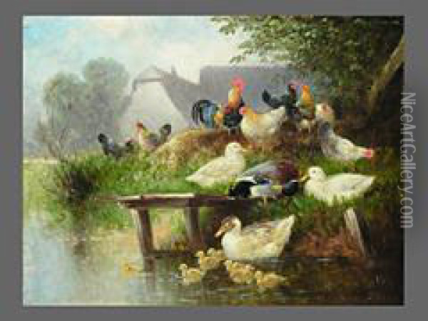 Federvieh Am Teich Oil Painting - Otto Scheuerer