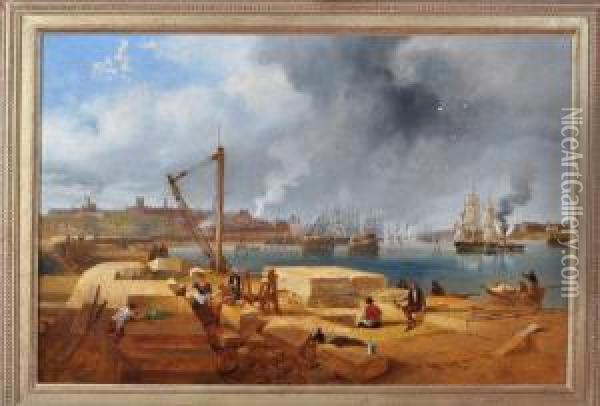 A Panoramic View Of The Wear At Sunderland With Stonemasons At Work On The South Pier Oil Painting - John Wilson Carmichael