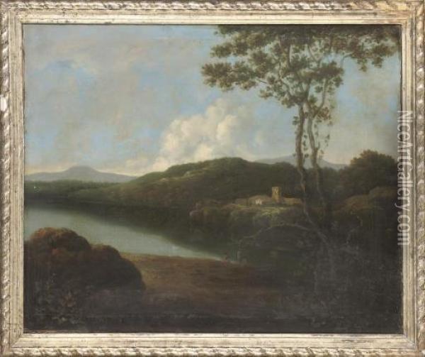 Figures In A Lakeland Scene With A Castle In The Distance Oil Painting - Richard Wilson