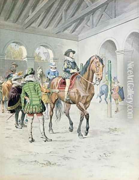 Armand-Jean du Plessis Cardinal Richelieu 1585-1642 learning to ride a horse Oil Painting - Maurice Leloir