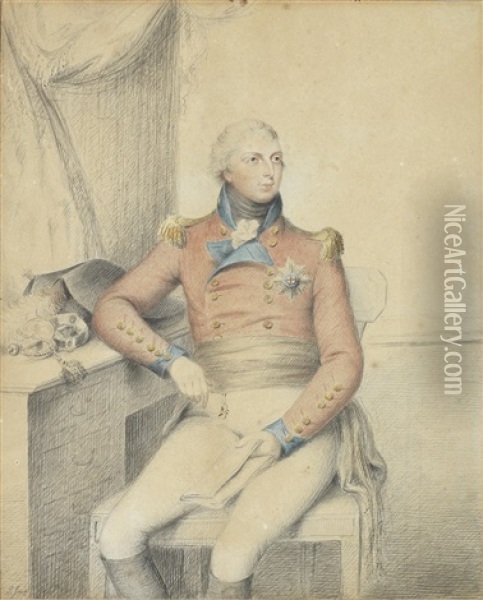 A Rare Work On Paper Portraying Prince William Frederick, Duke Of Gloucester And Edinburgh (1776-1834), Seated At A Writing Table And Wearing Black Riding Boots, White Breeches, Black Cummerbund Oil Painting - Philip Jean