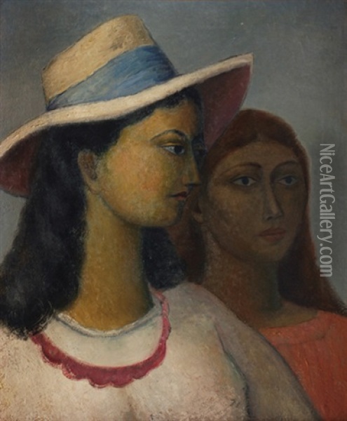 Dos Mujeres - Una Con Sombrero Oil Painting - Emilio Rosenblueth