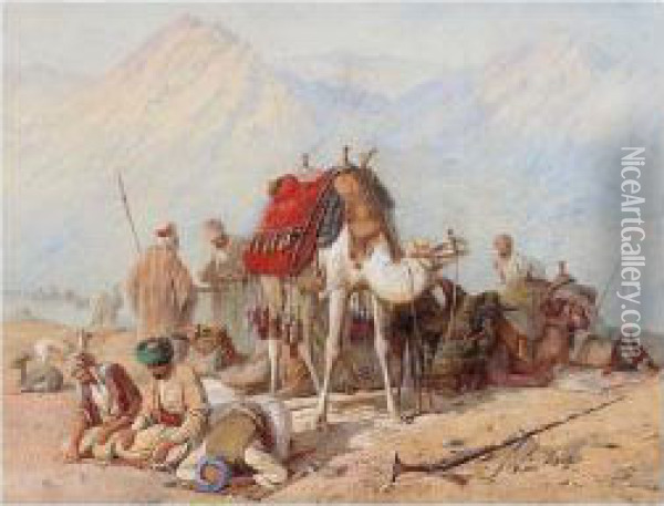 Arabs Praying In The Desert With A Caravan Of Camels Beyond Oil Painting - Joseph-Austin Benwell