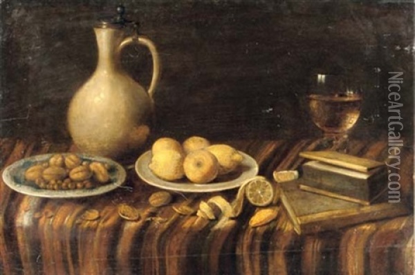 An Earthenware Jug, A Glass Of Wine, Two Books, A Plate With Nuts And A Plate With Lemons On A Draped Table Oil Painting - Hubert van Ravesteyn