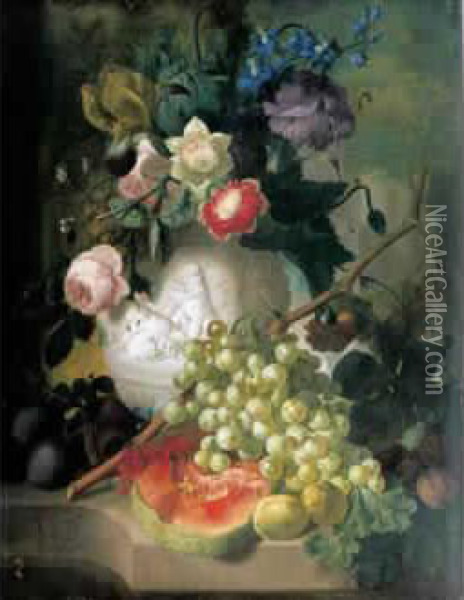 Nature Morte De Fleurs Et De Fruits Sur Un Entablement Oil Painting - Jan van Os