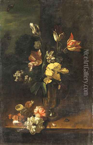 Flowers in a pewter Jug and on a stone Ledge Oil Painting - Dutch School