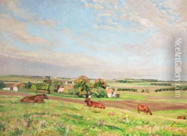Grazing Cows In The Flowering Field. Signed Monogram 1828-30 Oil Painting - Fritz Syberg