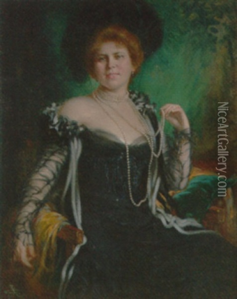 Portrait Of A Lady In A Black Dress With A Plumed Hat Oil Painting - Rudolf Wimmer
