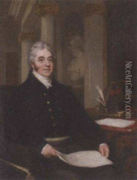 Portrait Of A Gentleman Holding Architectural Drawings, In A Neo-classical Interior Oil Painting - John Partridge
