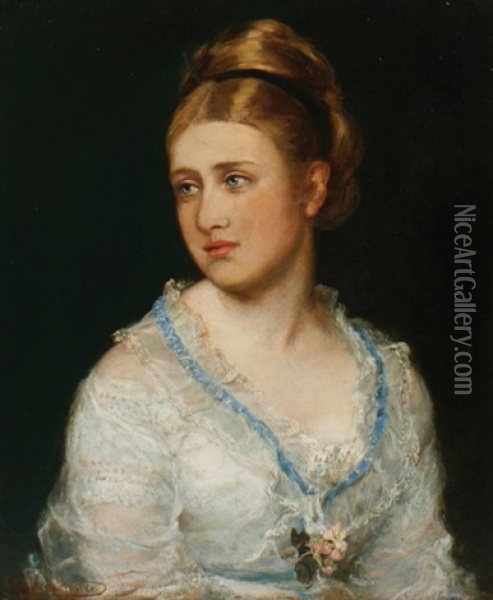 Portrait Of A Young Woman Wearing A Lace And Blue Silk Gown Oil Painting - John Hanson Walker