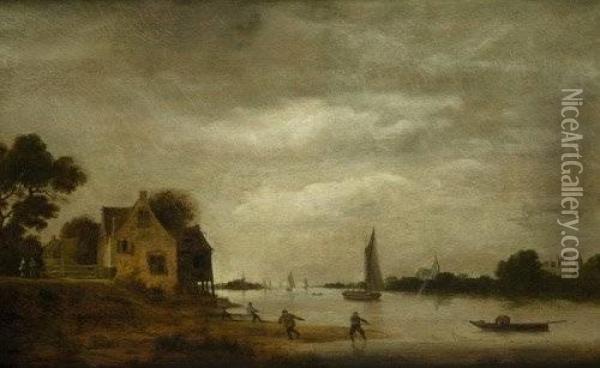 Niederlandische Fluslandschaft Mit Netzfischern. Oil Painting - Guillam de Vos