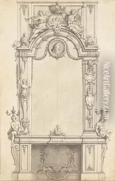 A Design For A Fireplace Below A Mirror Decorated With A Medallionof King Louis Xiv And Two Allegories Of Fortune Holding The Royalcrown Over Two Trophies; The Mirror Flanked With Alternativedesigns Of Candelabra Held By Nudes, The Sides With Trophies And Oil Painting - Jean I Berain