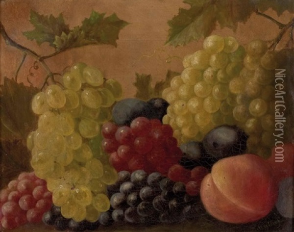 Fruchtestillleben Mit Trauben, Pfirsichen Und Pflaume Oil Painting - Adolf Schulhof