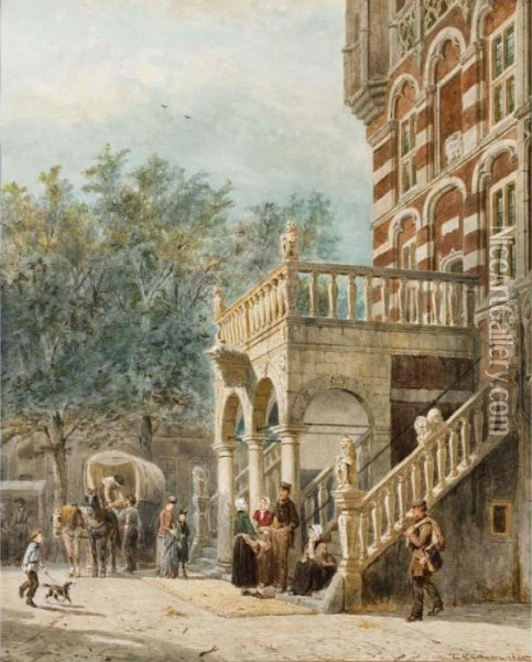 Figures On The Brink In Deventer Oil Painting - Cornelis Springer