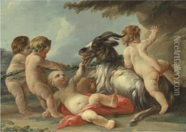 Putti Playing With A Goat Oil Painting - Charles Dom. Joseph Eisen