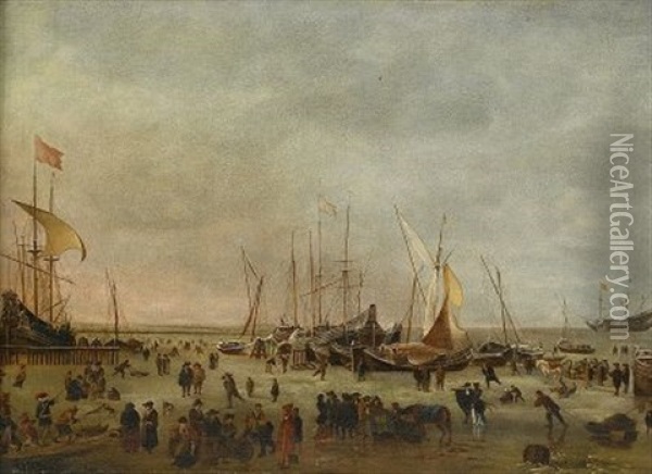Hamn I Vinterskrud Med Skridskoakare Oil Painting - Jan Abrahamsz. Beerstraten