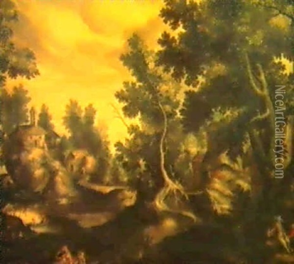 Waldlandschaft Mit Jagern An Einem Flub Oil Painting - Isaak van Coninxloo