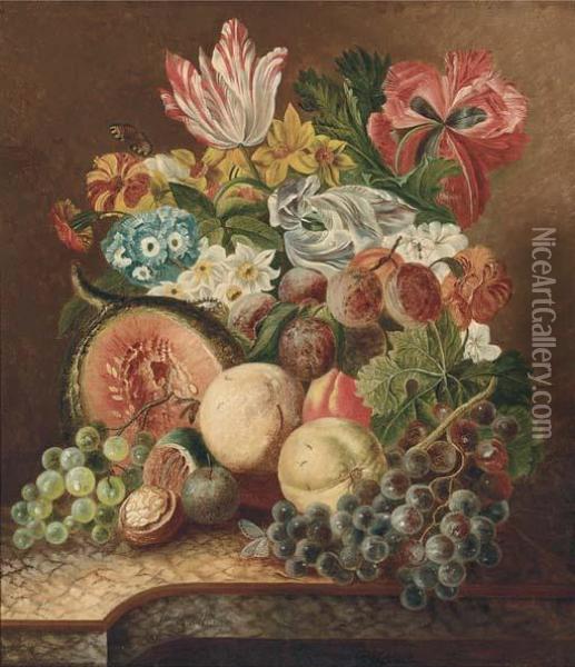 Grapes On The Vine, A Melon, Walnuts, Peaches, A Butterfly And Abunch Of Flowers On A Stone Ledge Oil Painting - Johannes or Jacobus Linthorst