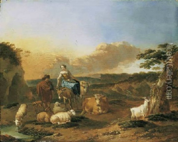 An Italianate Landscape With Shepherds By A Stream Oil Painting - Willem Romeyn