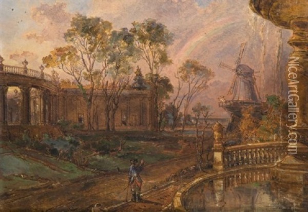 Vue Du Moulin De Sansouci Et Du Chateau De Potsdam Oil Painting - Louis Desire Thienon