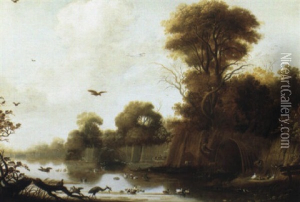 Ducks By A Decoy In A River Landscape Oil Painting - Johann Jakob Eberhardt