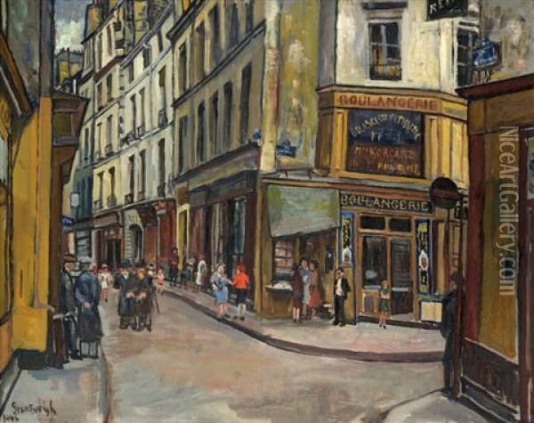Une Rue Animee A Montmartre, Paris Oil Painting - Nathan Grunsweigh