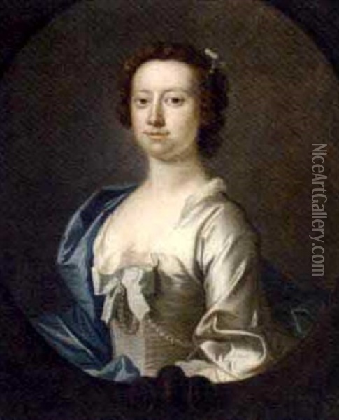 Portrait Of A Lady In A White Dress And Blue Wrap Oil Painting - Thomas Hudson
