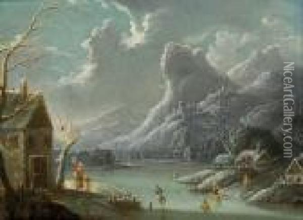Giochi Sul Ghiaccio In Un Lago Montano Invernale Oil Painting - Robert Griffier