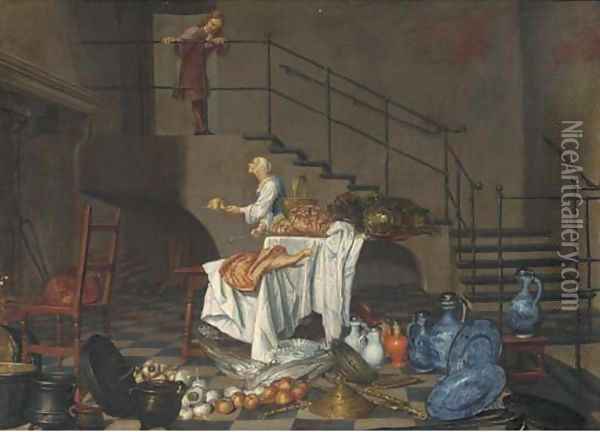 A kitchen maid and a servant in an interior Oil Painting - Dutch School