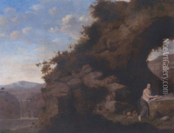 A Rocky River Landscape With A Natural Arch And The Penitent Magdalen Oil Painting - Cornelis Van Poelenburgh