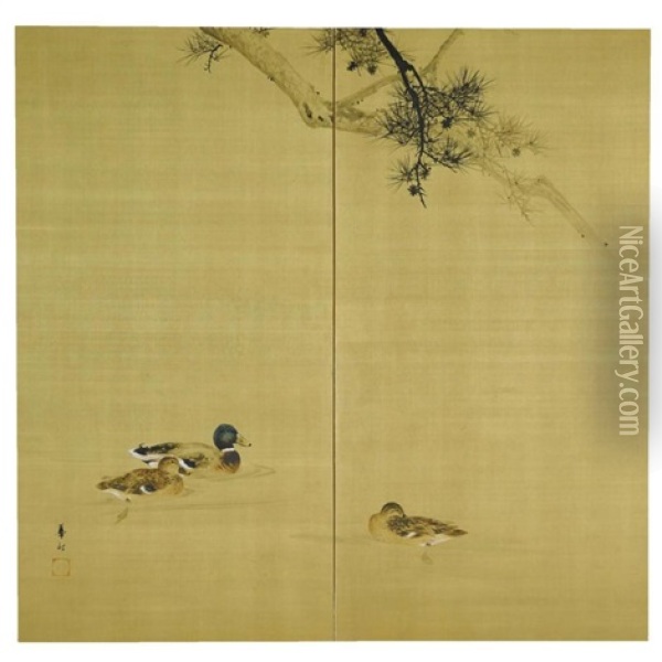 Three Ducks Wading In Water (two Fold Screen) Oil Painting - Suzuki Koson