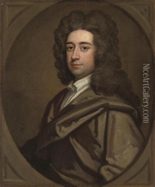 Portrait Of Thomas Pelham Of Lewes, Bust-length, In A Brown Robe, In A Feigned Oval Oil Painting - Sir Godfrey Kneller