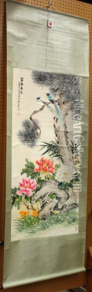 Bird Flower And Pine Oil Painting - Lu Hui